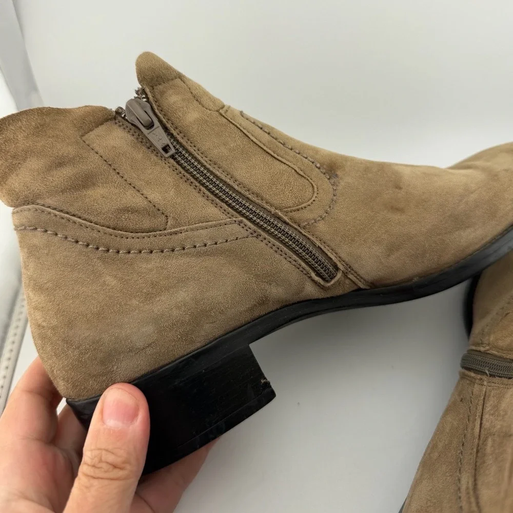 Paul Green Suede Ankle Boots 8.5 Tan Excellent Western Side‎ Zip Low Block Heel